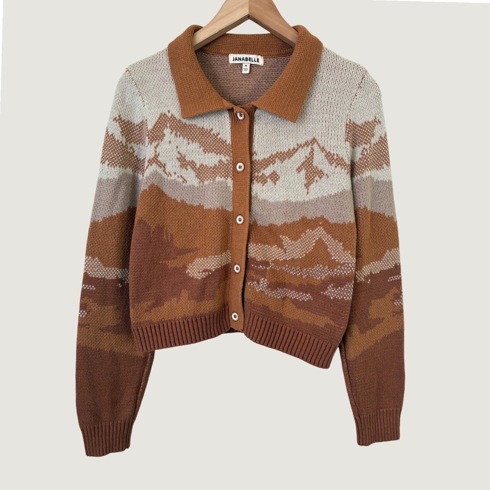 Janabelle Mountain Fall Landscape Knit Cardigan Brown Tan Cream Size M